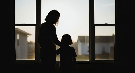 Silhouetted Mother and Child Gazing Through Window at Sunset