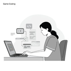 Woman is programming; Laptop displays code, floating windows with code details are nearby