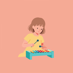 Girl playing a colorful xylophone with mallets on a peach background, cartoon vector style