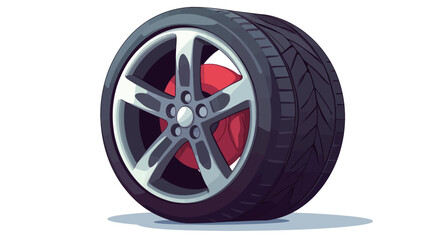 Obraz premium A close-up studio shot of a car tire with an alloy wheel against a white background. The tire is black with visible tread, mounted on a five-spoke silver alloy wheel. A red brake disc is visible