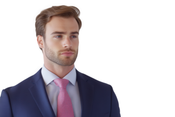 Portrait of handsome businessman isolated on transparent background confident man in suit and tie looking away, representing success, leadership, and professional achievement