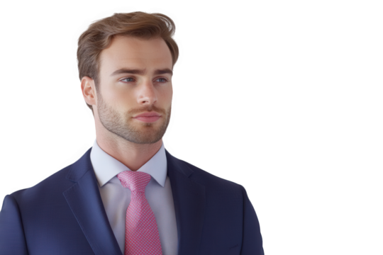 Portrait of handsome businessman isolated on transparent background confident man in suit and tie looking away, representing success, leadership, and professional achievement