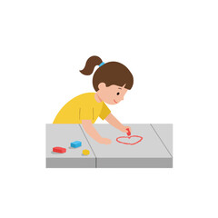 Cartoon depiction of a girl drawing a red heart on a table with colored crayons