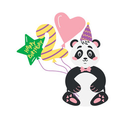 Cute baby panda with balloons in his paws. Vector of number 2 balloons, perfect for greeting card