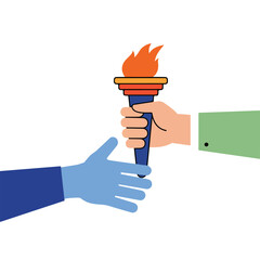 Two hands exchanging a lit torch, symbol of unity, partnership, and teamwork on white