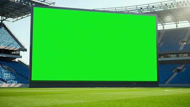 Large green screen display in an empty sports stadium, ready for custom content, advertising, or event broadcast