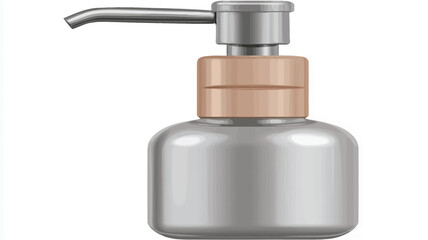 Close-up studio shot of a silver soap dispenser with a beige wooden accent on the pump. The dispenser has a metallic, possibly ceramic or plastic, body with a smooth, reflective surface. The pump