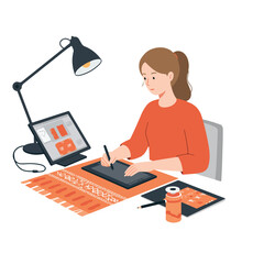 Woman illustratrating at desk with tablet, lamp, rug, screen, tools, and beverage. Flat style art
