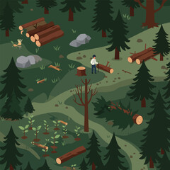 Isometric illustration of deforestation and reforestation in dense, dark green forest