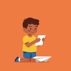 Boy holds paper while next to a paper airplane, against a solid orange background