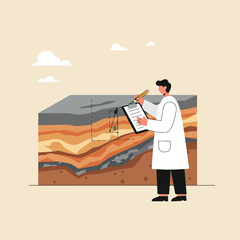 Geologist in lab coat takes notes on soil layers, cloud background, earthy tones style