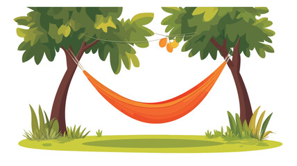 A digital illustration depicting an orange hammock strung between two lush green trees. The trees have full green foliage.  A small patch of green grass is visible at the base of the trees.