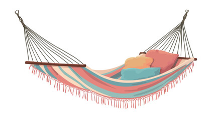 An illustration of a hammock with a striped pattern in pastel peach, teal, and beige colors. The hammock is depicted hanging with wooden supports, and two pillows in coordinating colors are nestled