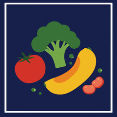 Stylized illustration of fresh vegetables against a dark background within a white border