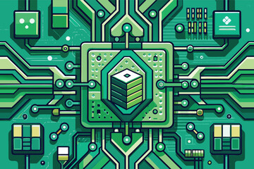 Fototapeta premium Circuit board design featuring intricate green patterns and technology elements in a modern style