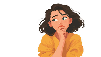 Close-up digital illustration of a young woman with shoulder-length brown hair, wearing a yellow sweater. She has a pensive expression, with her hand supporting her chin, looking thoughtfully off