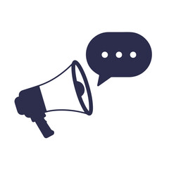 Dark blue silhouette of a megaphone with a rounded speech bubble beside it, on white