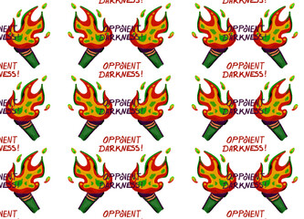 A pattern showcasing illuminated flaming torches, complemented by bold, colorful typography, set against a dark backdrop enhancing vivid contrasts and symbolic themes of light overcoming darkness