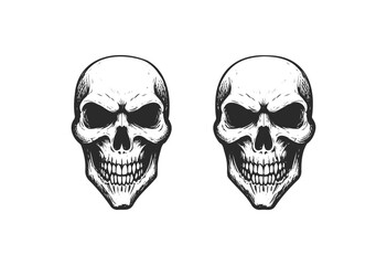 Pair of black and white human skulls with detailed shading - stock vector