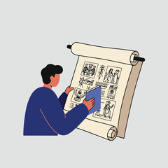 Person examining a large scroll filled with ancient symbols with a reference book in hand