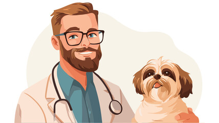 A digital illustration depicting a smiling male veterinarian with a beard and glasses, wearing a white coat and stethoscope, gently holding a small, light brown Shih Tzu dog. 