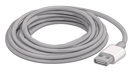 A studio shot of a coiled grey USB cable. The cable is neatly arranged in a circular coil. One end of the cable shows a white USB-A connector. The image is well-lit, against a plain white