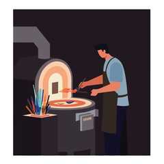 Illustration of a glassblower working with molten glass in front of a furnace