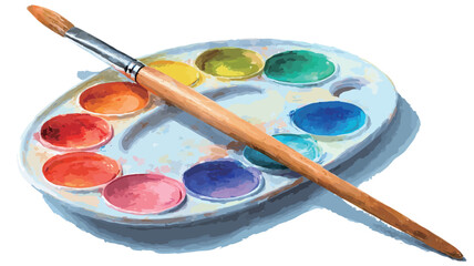 Close-up image of an oval-shaped watercolor paint palette with various vibrant colors in individual wells. A long-handled paintbrush is positioned diagonally across the palette. 