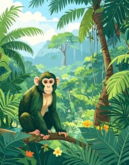 A chimpanzee in a lush tropical jungle