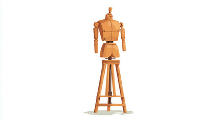A digital illustration depicting a rear view of a light brown wooden dressmaker's mannequin standing on a tripod base.  The mannequin is simplified in style and rendered in a painterly fashion,
