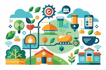 Naklejka premium Colorful illustration of technology and nature integration in modern farming and smart living environments