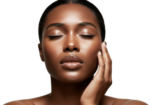 Woman with glowing skin and closed eyes on transparent background