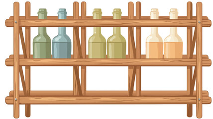 A digital illustration depicting a wooden rack with two shelves. Each shelf holds several glass bottles of varying colors (greens, yellows). The bottles are depicted in a simple, cartoon-like