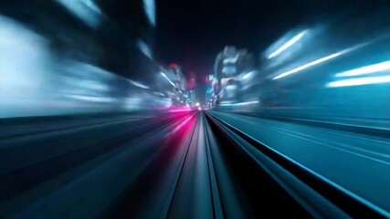 Night cityscape featuring blurred motion along railway tracks, showcasing dynamic speed and futuristic urban transportation with glowing pink light trails and energetic atmosphere - Powered by Adobe