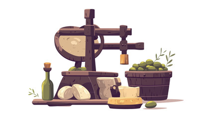 A digital illustration depicting a rustic wooden cheese press, a basket of olives, a bottle of olive oil, and various types of cheese. The style is cartoonish or flat vector illustration with a