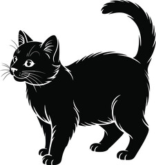Sleek black cat with curious eyes and arched tail stands alertly, a classic silhouette.