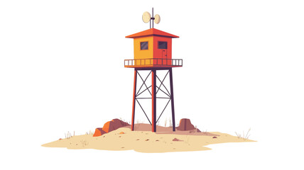 A digital illustration depicting a stylized lifeguard tower situated on a small sandy dune. The tower is a simple structure with a red and orange color scheme, featuring a small platform and a