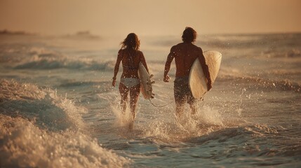 Couple carrying surfboards wades into the ocean water on a bright, sunny day at a beautiful beach in Saint Lucia