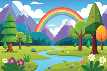 Obraz premium Beautiful landscape with rainbow over mountains and a stream flowing through a vibrant forest