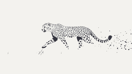 The image is a stylized illustration of a cheetah in motion.  The cheetah is depicted in a minimalist style, rendered using small dots or particles that create the impression of movement and