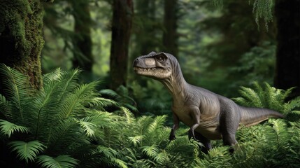 Majestic Dinosaur Roaming Through Lush Jungle Surrounded by Dense Greenery and Exotic Plants Under a Bright Blue Sky Evoking a Sense of Adventure