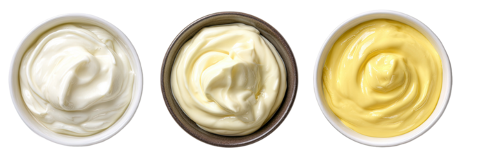 Three bowls of creamy sauces, white, light yellow, and yellow