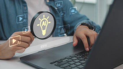 Artificial intelligence innovation concept with magnifying glass showing AI idea light bulb. Symbol of machine learning, digital creativity, and smart technology for business solutions.