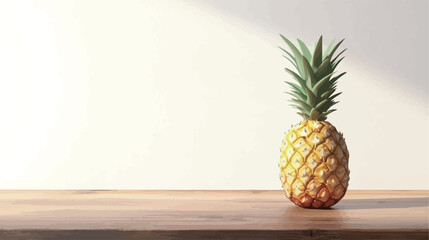 The image shows a single ripe pineapple positioned on a light brown wooden surface. The background is a plain white wall with a subtle sunlight effect casting a soft shadow