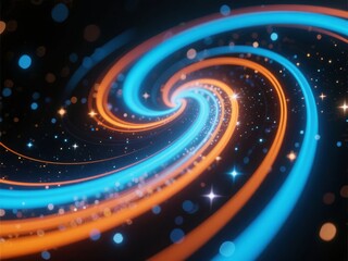 Abstract cosmic spiral with glowing blue and orange trails against a starry background
