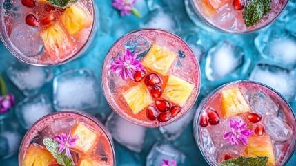 Berry and Floral Ice Cubes in Glasses on Ice with Tropical Fruits  