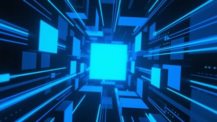Abstract digital tunnel with glowing blue cubes and light streaks creating a futuristic corridor effect