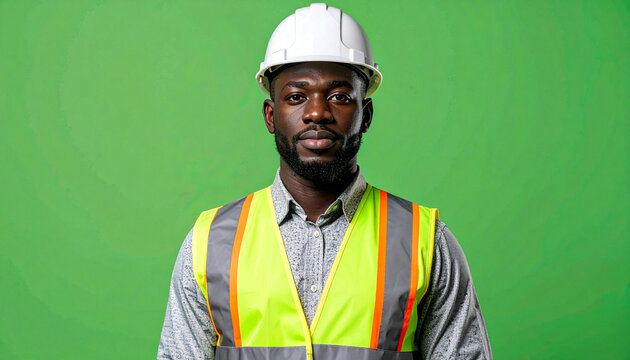 Serious African American construction worker in safety gear, portrait against a solid green background.