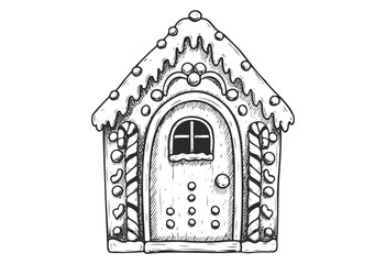 Hand-drawn gingerbread house with icing and candy decorations - stock vector