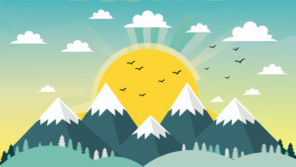 Sunny Mountain Landscape Illustration with Snow-Capped Peaks and Birds Flying